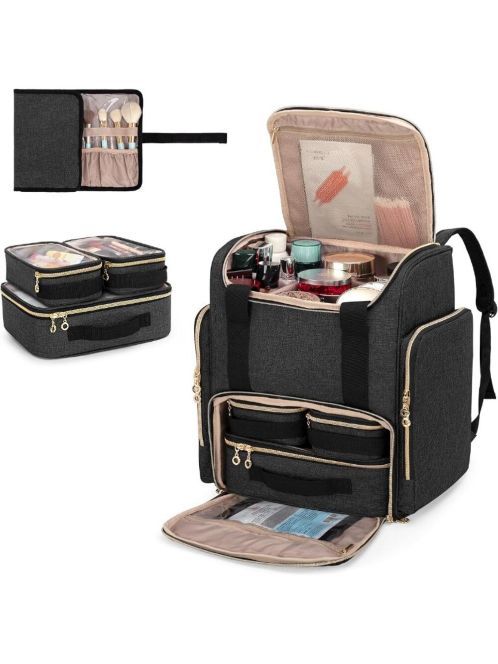 Stylish Makeup Backpack with 3 Removable Cases & Brush Holder - Travel Friendly